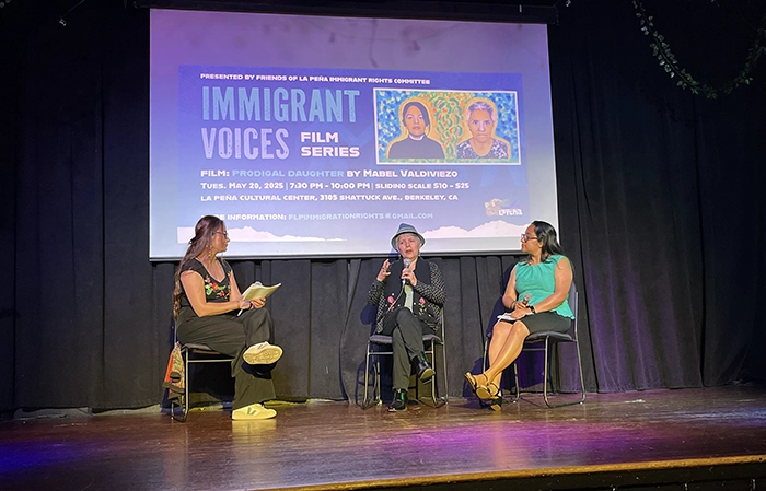 Ideal for classes, community screenings, and conferences on Q&A session with director Mabel Valdiviezo on stage during the Prodigal Daughter screening at La Peña Cultural Center.